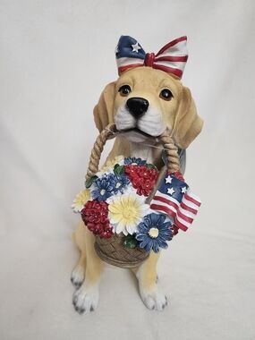 Patriotic Tan Dog Figurine with Red, White & Blue Flower Basket 15"inches Tall